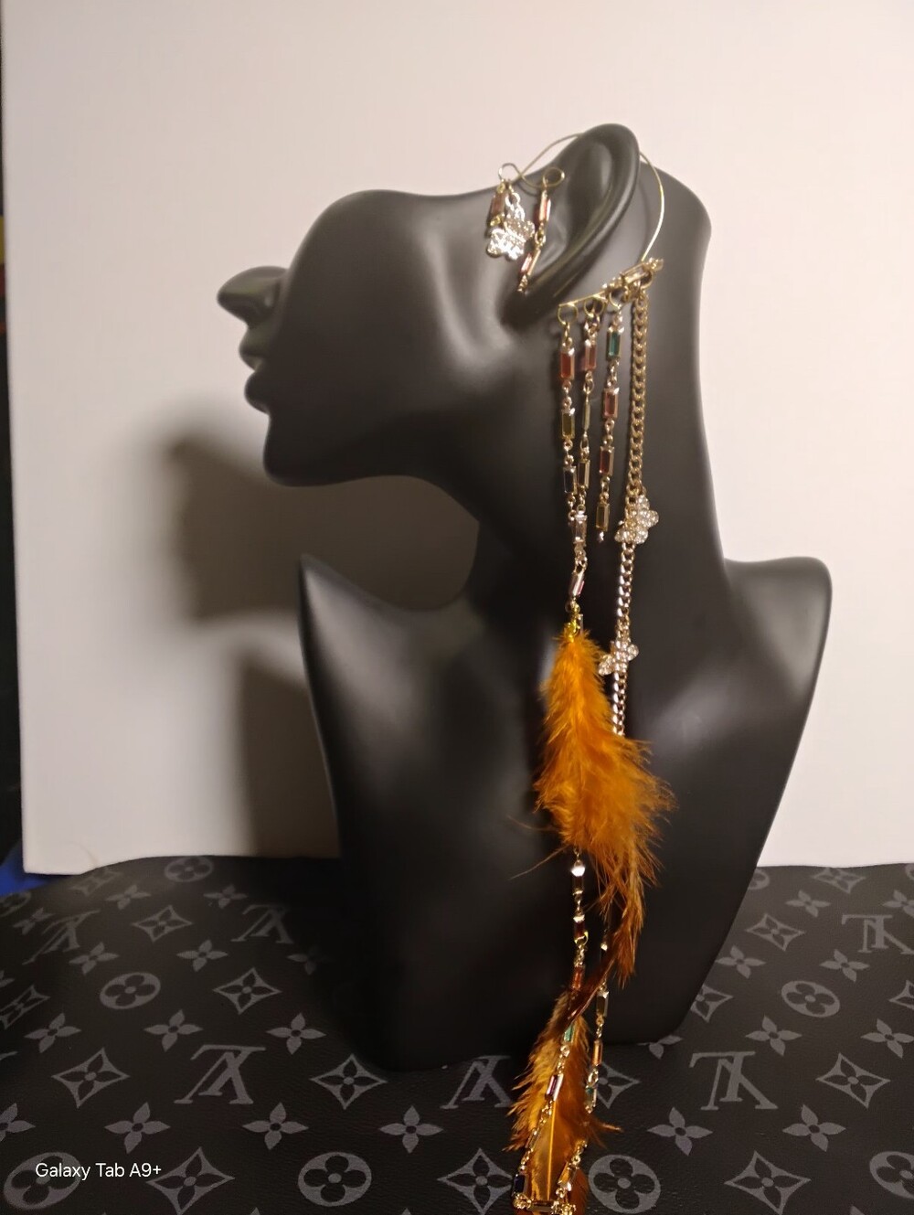 Bohemian Feather & Bead Dangle Cuff Earring in Orange